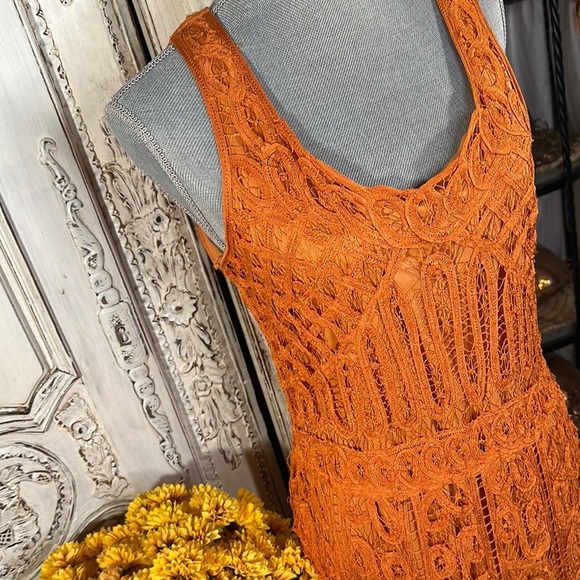 R&M Richards Elegant Orange Beaded Battenberg Lace Dress Special Occassion - Picture 2 of 10